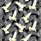 Cockatoo fabric close-up white bird green fern print black cotton for Australiana quilting patchwork projects