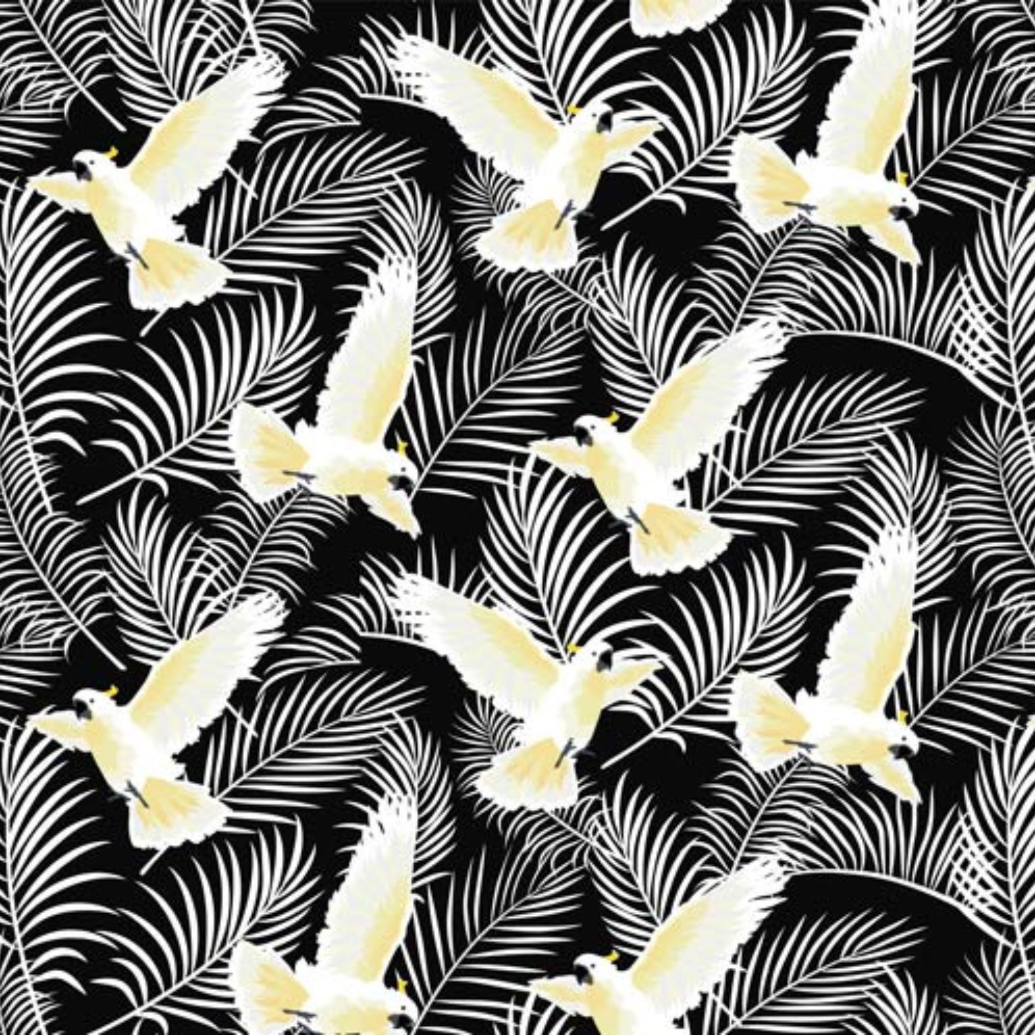Cockatoo fabric close-up white bird green fern print black cotton for Australiana quilting patchwork projects
