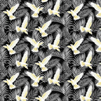 Cockatoo fabric flying bird fern botanical print black background cotton for Australiana quilting patchwork