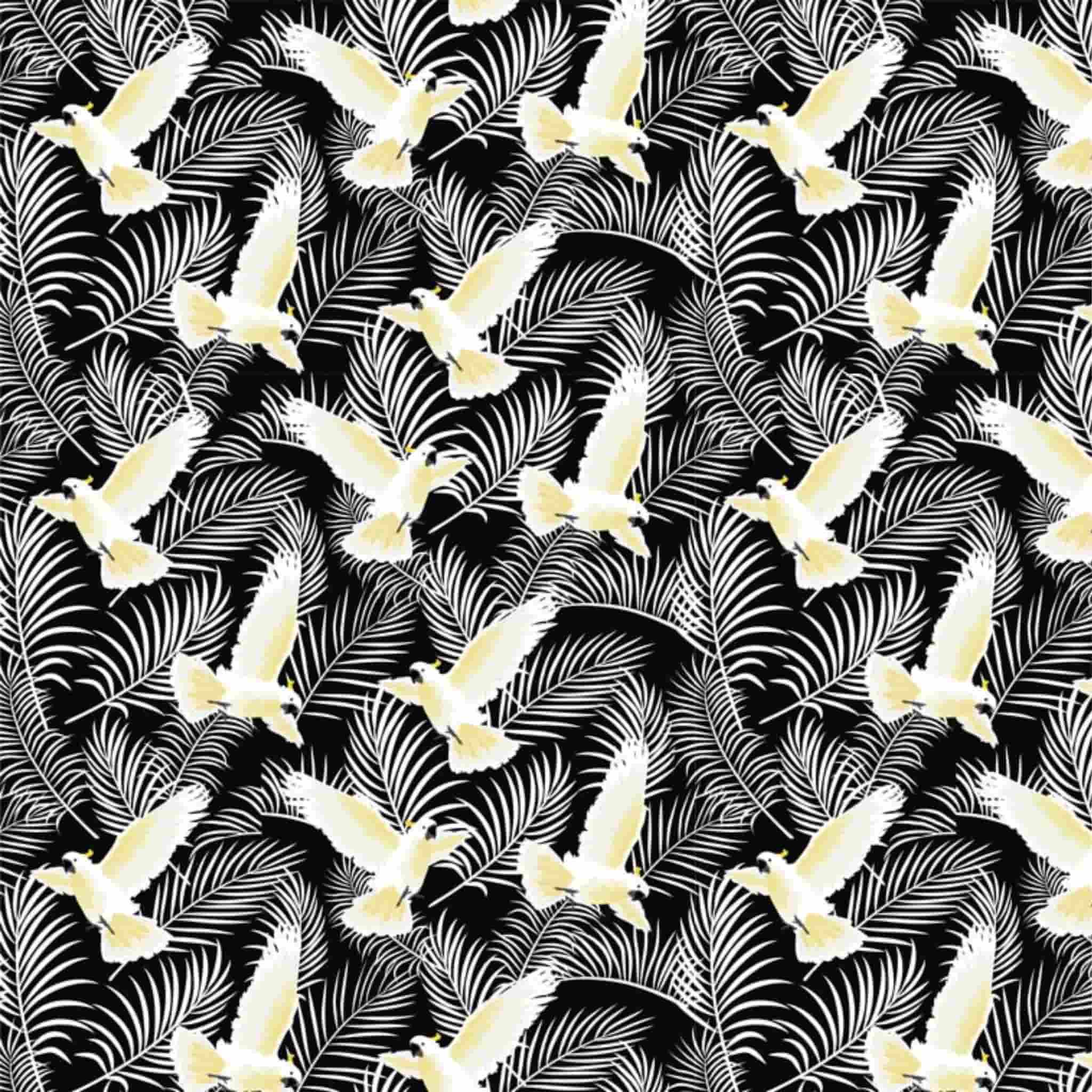 Cockatoo fabric flying bird fern botanical print black background cotton for Australiana quilting patchwork