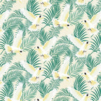 Cockatoo fabric close-up white bird green fern print cream cotton for Australiana quilting patchwork projects