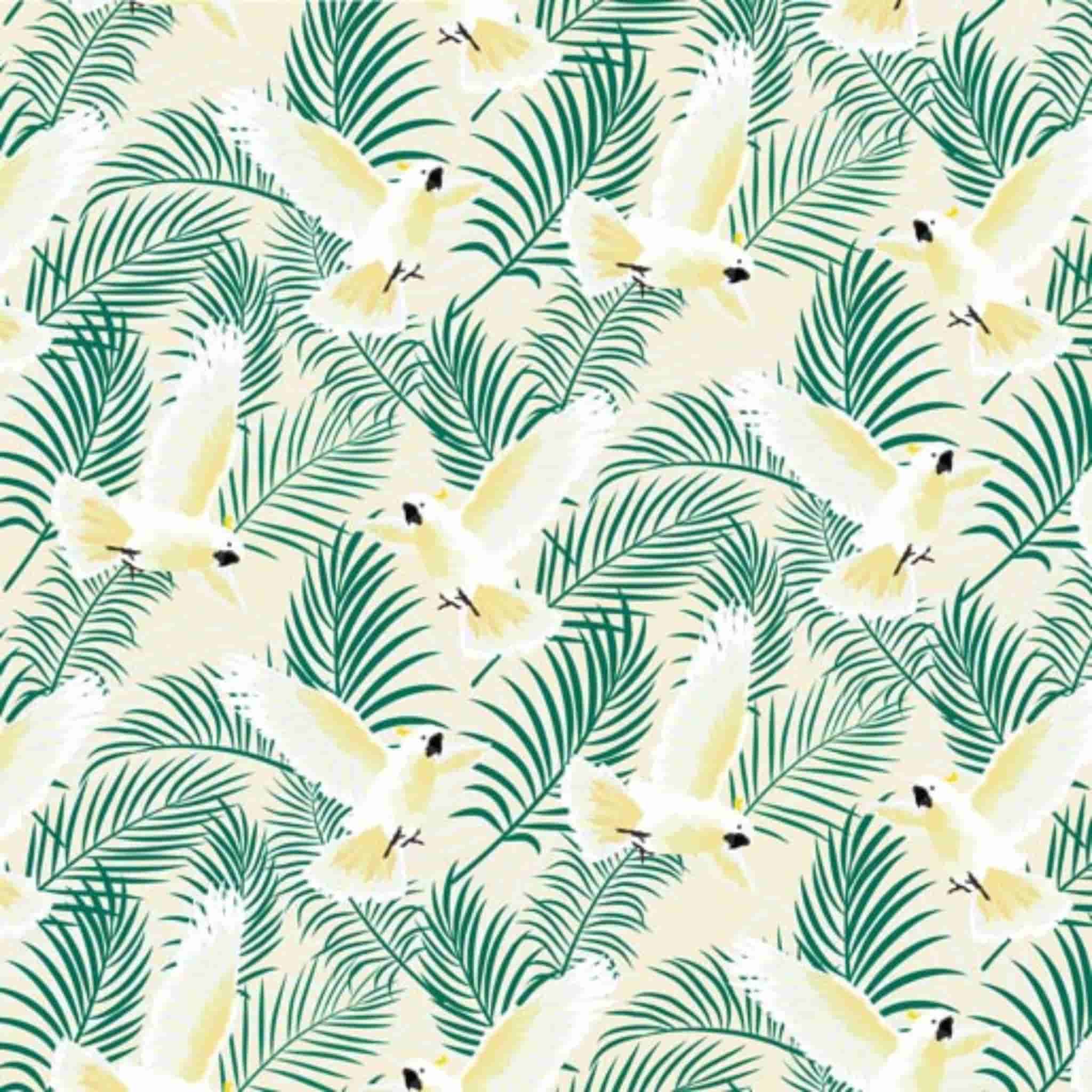 Cockatoo fabric close-up white bird green fern print cream cotton for Australiana quilting patchwork projects