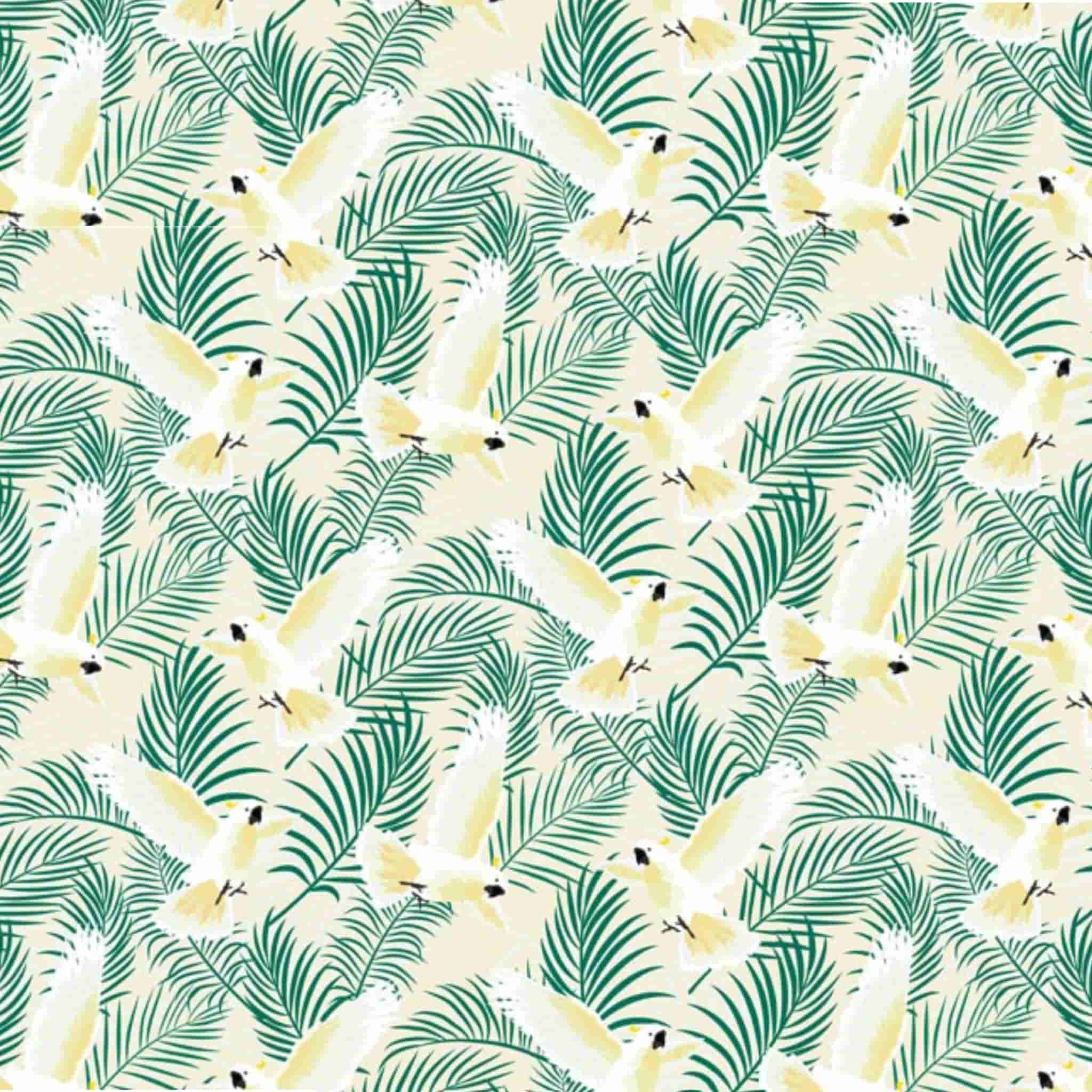Cockatoo fabric flying bird fern botanical print cream background cotton for Australiana quilting patchwork