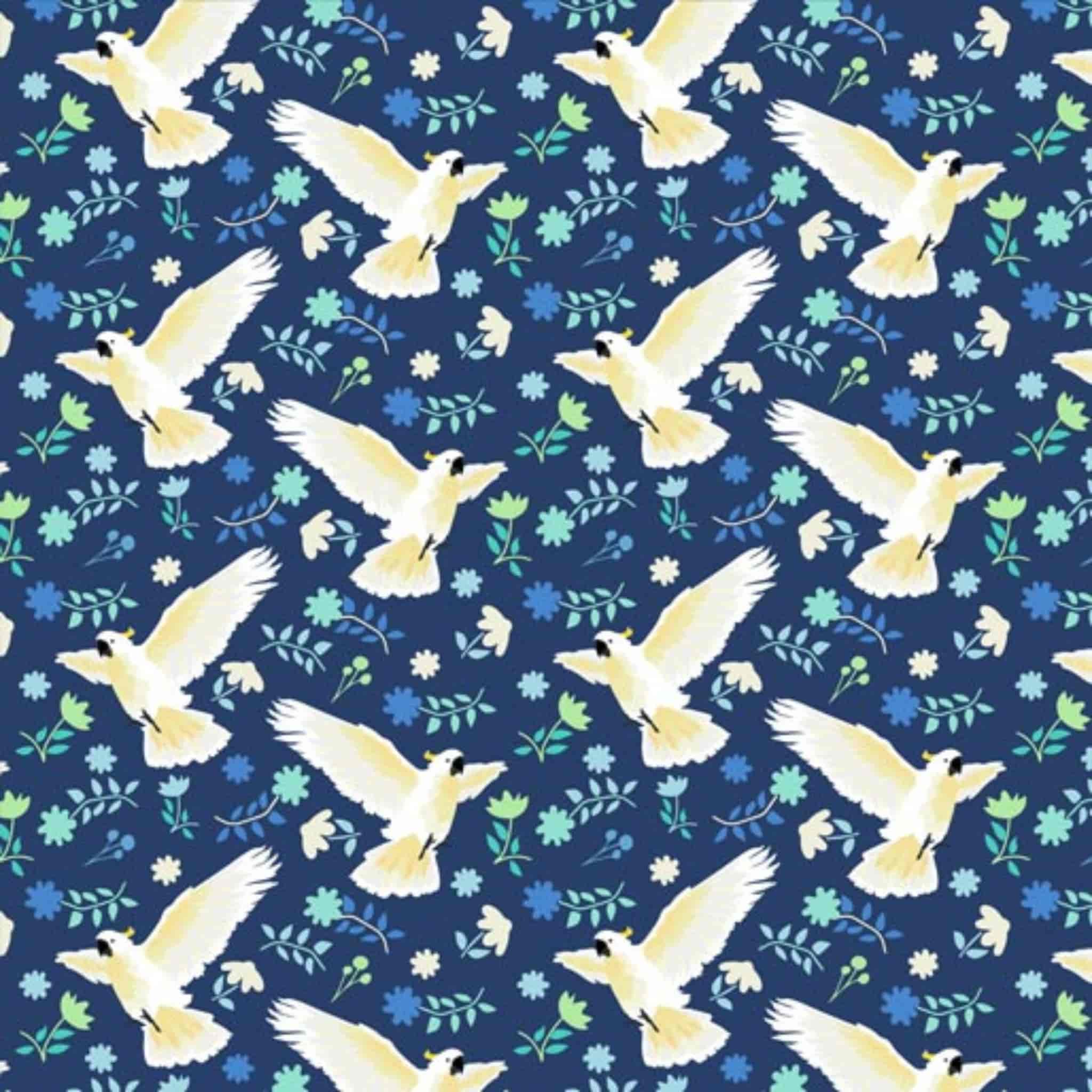 Cockatoo fabric close-up white bird wildflower print navy blue cotton for Australiana quilting patchwork projects