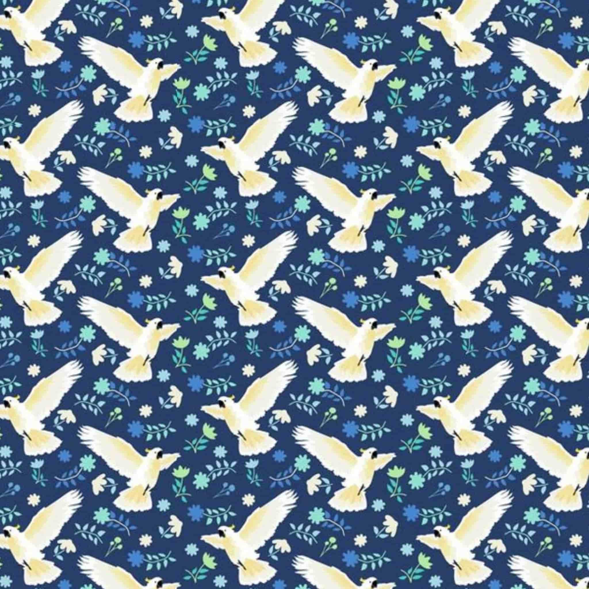 Cockatoo fabric flying bird wildflower botanical print navy background cotton for Australiana quilting patchwork