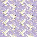 Cockatoo fabric close-up white bird wildflower print purple cotton for Australiana quilting patchwork projects