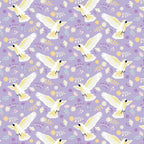 Cockatoo fabric close-up white bird wildflower print purple cotton for Australiana quilting patchwork projects