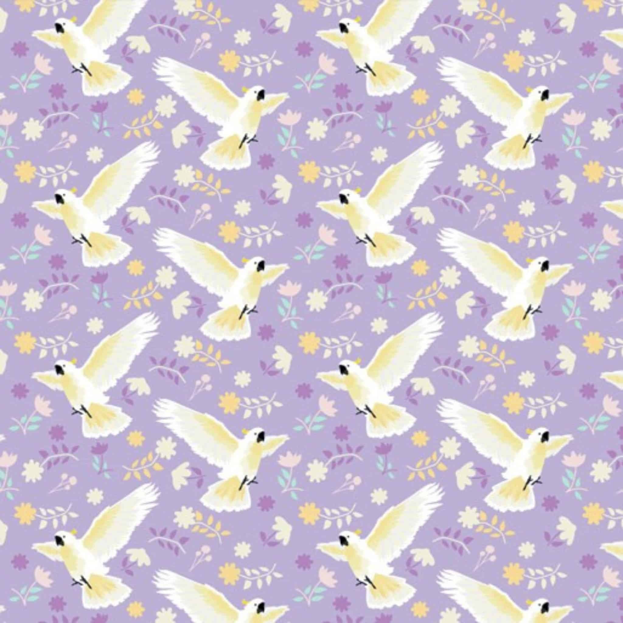 Cockatoo fabric close-up white bird wildflower print purple cotton for Australiana quilting patchwork projects