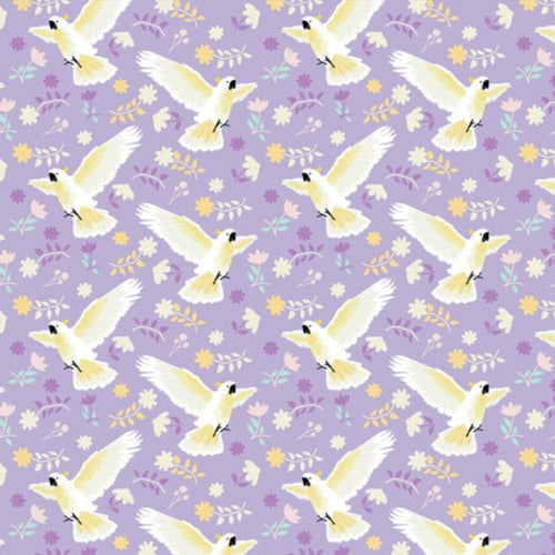 Cockatoo fabric close-up white bird wildflower print purple cotton for Australiana quilting patchwork projects