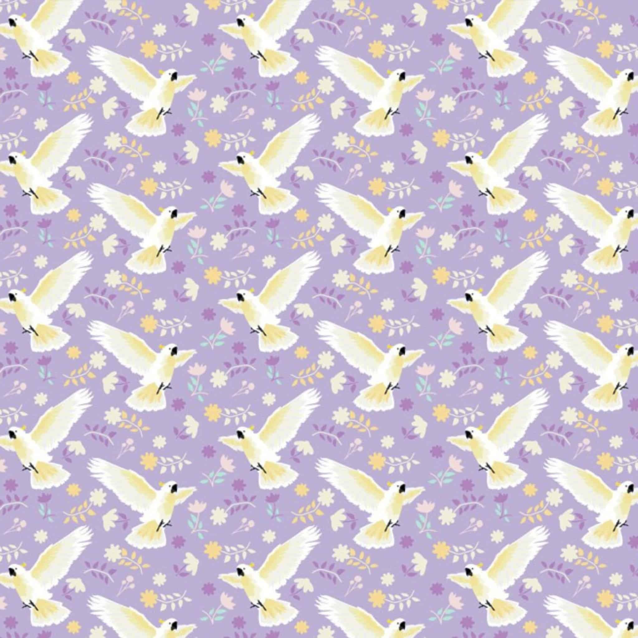 Cockatoo fabric flying bird wildflower botanical print purple background cotton for Australiana quilting patchwork