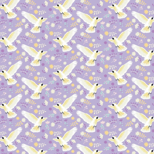 Cockatoo fabric flying bird wildflower botanical print purple background cotton for Australiana quilting patchwork