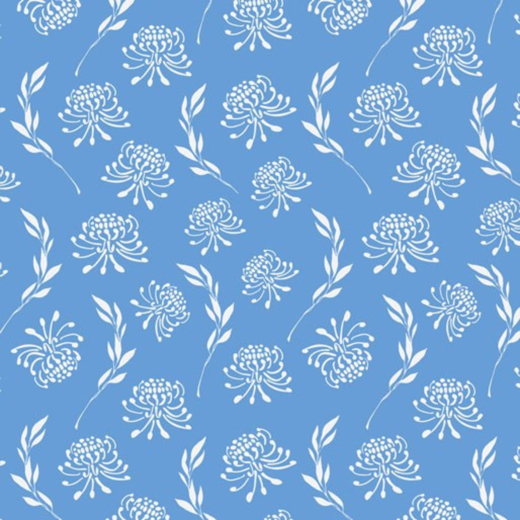 Waratah fabric white native flower botanical print blue background cotton for Australiana quilting patchwork