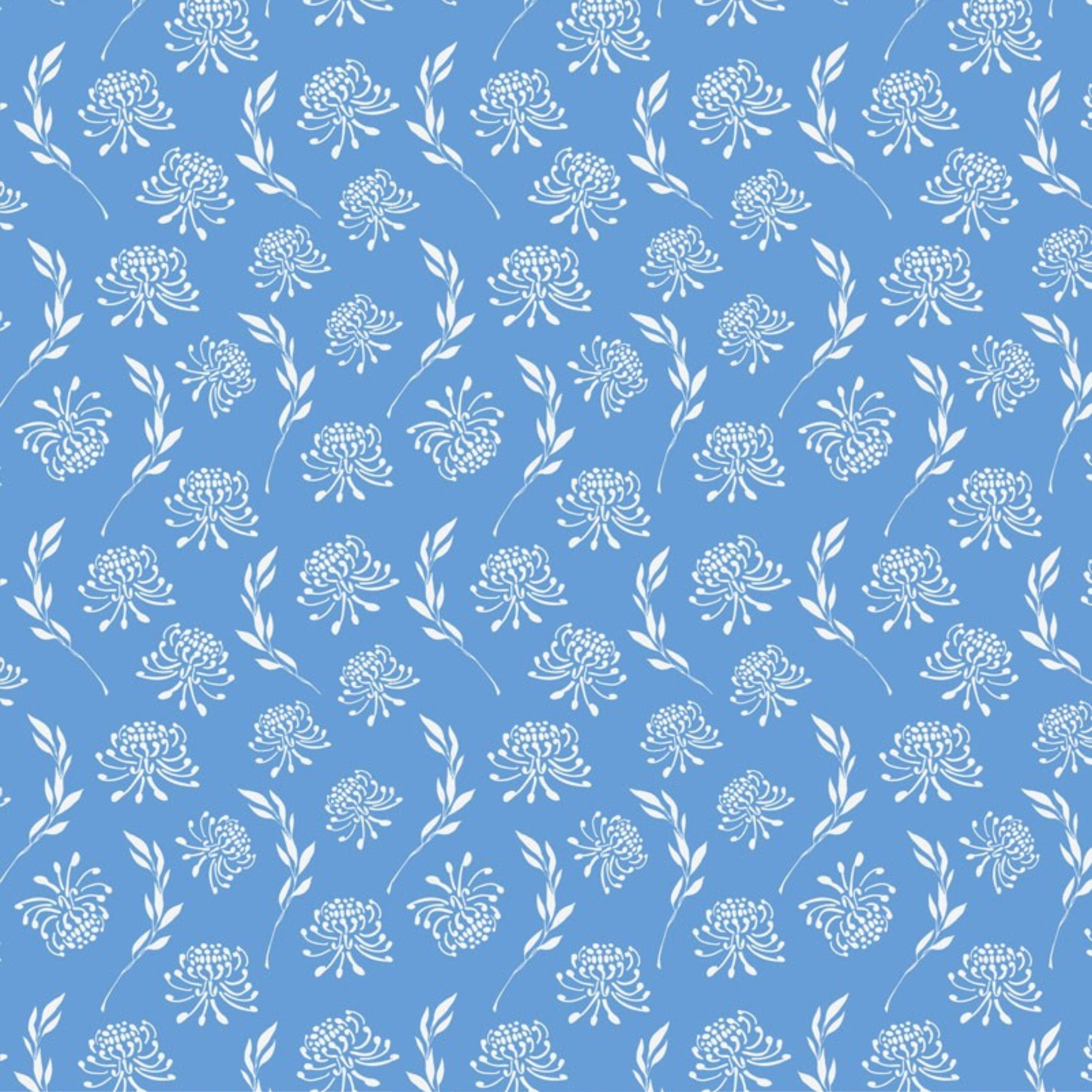 Waratah fabric white native flower botanical print blue background cotton for Australiana quilting patchwork