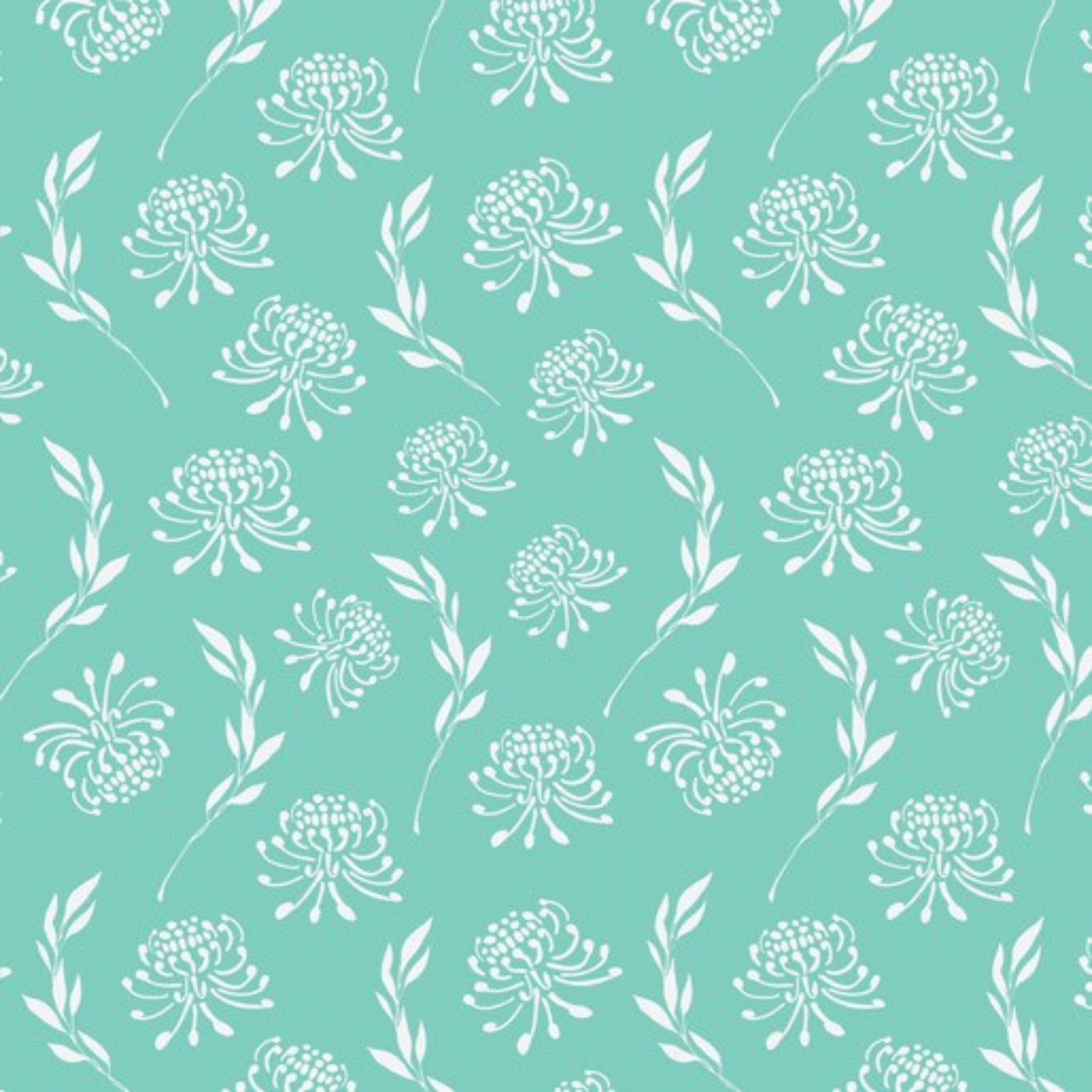 Waratah fabric white native flower botanical print turquoise background cotton for Australiana quilting patchwork