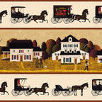 Village scene and horse drawn carriage border stripe cream 1900s Americana novelty digitally printed fabric for quilt borders and table runners