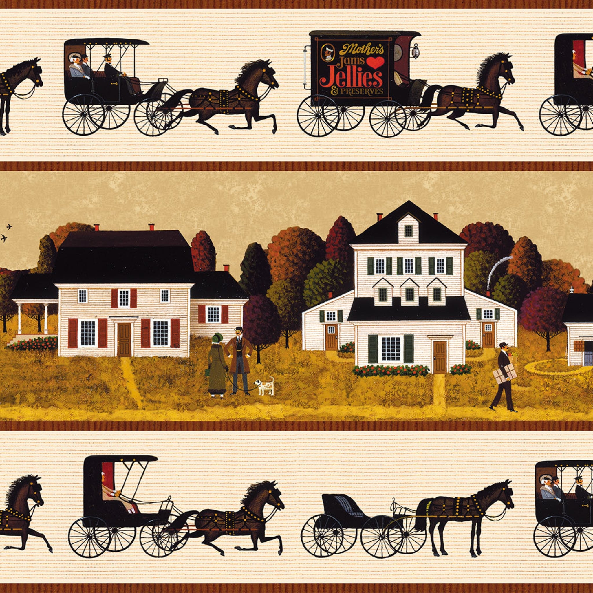 Village scene and horse drawn carriage border stripe cream 1900s Americana novelty digitally printed fabric for quilt borders and table runners