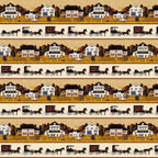 Village scene and horse drawn carriage border stripe cream 1900s Americana novelty digitally printed fabric for quilt borders and table runners