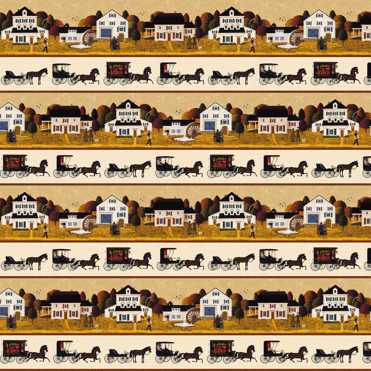 Village scene and horse drawn carriage border stripe cream 1900s Americana novelty digitally printed fabric for quilt borders and table runners