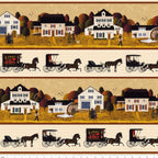 Village scene and horse drawn carriage border stripe cream 1900s Americana novelty digitally printed fabric for quilt borders and table runners