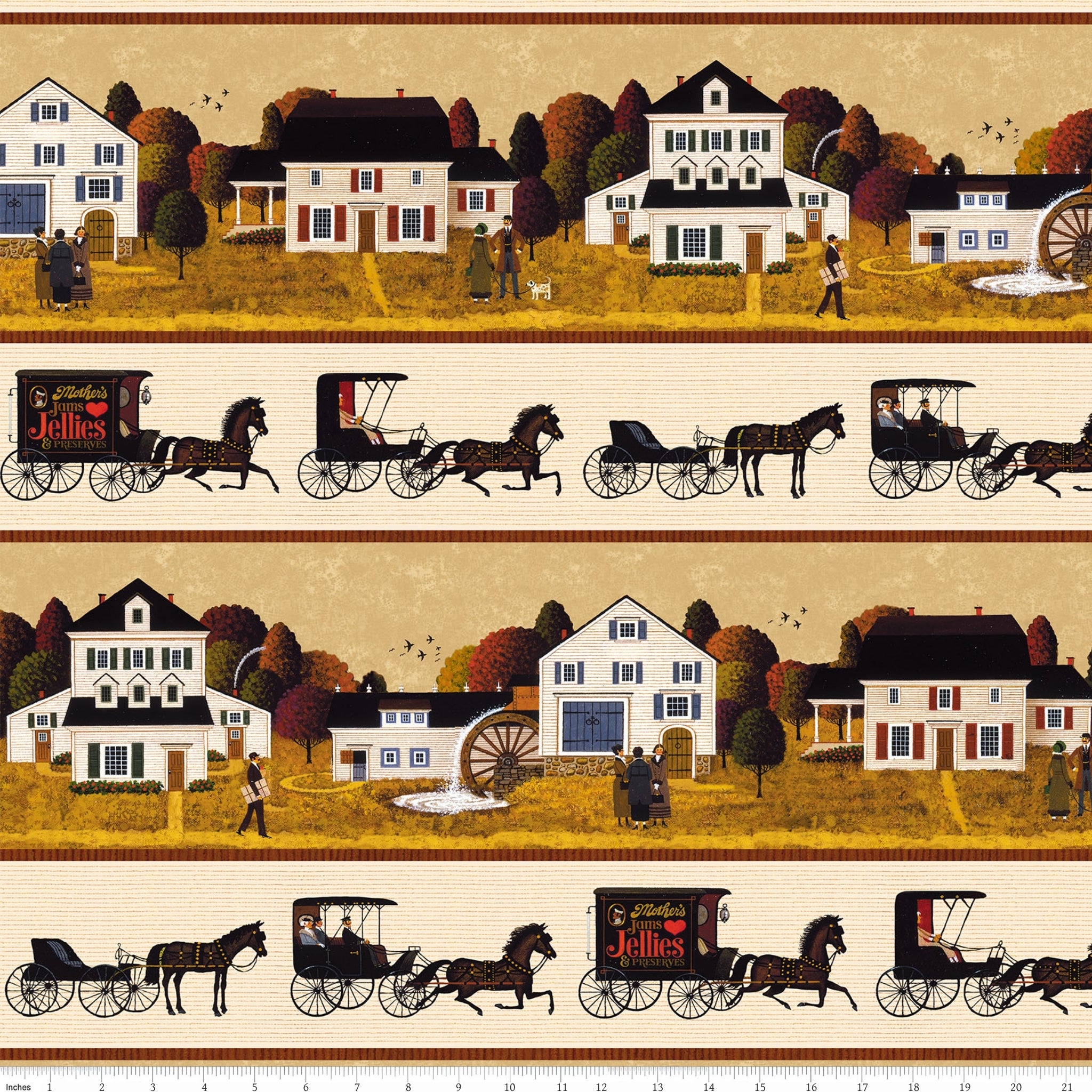 Village scene and horse drawn carriage border stripe cream 1900s Americana novelty digitally printed fabric for quilt borders and table runners