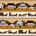Village scene and horse drawn carriage border stripe cream 1900s Americana novelty digitally printed fabric for quilt borders and table runners
