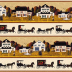 Village scene and horse drawn carriage border stripe cream 1900s Americana novelty digitally printed fabric for quilt borders and table runners