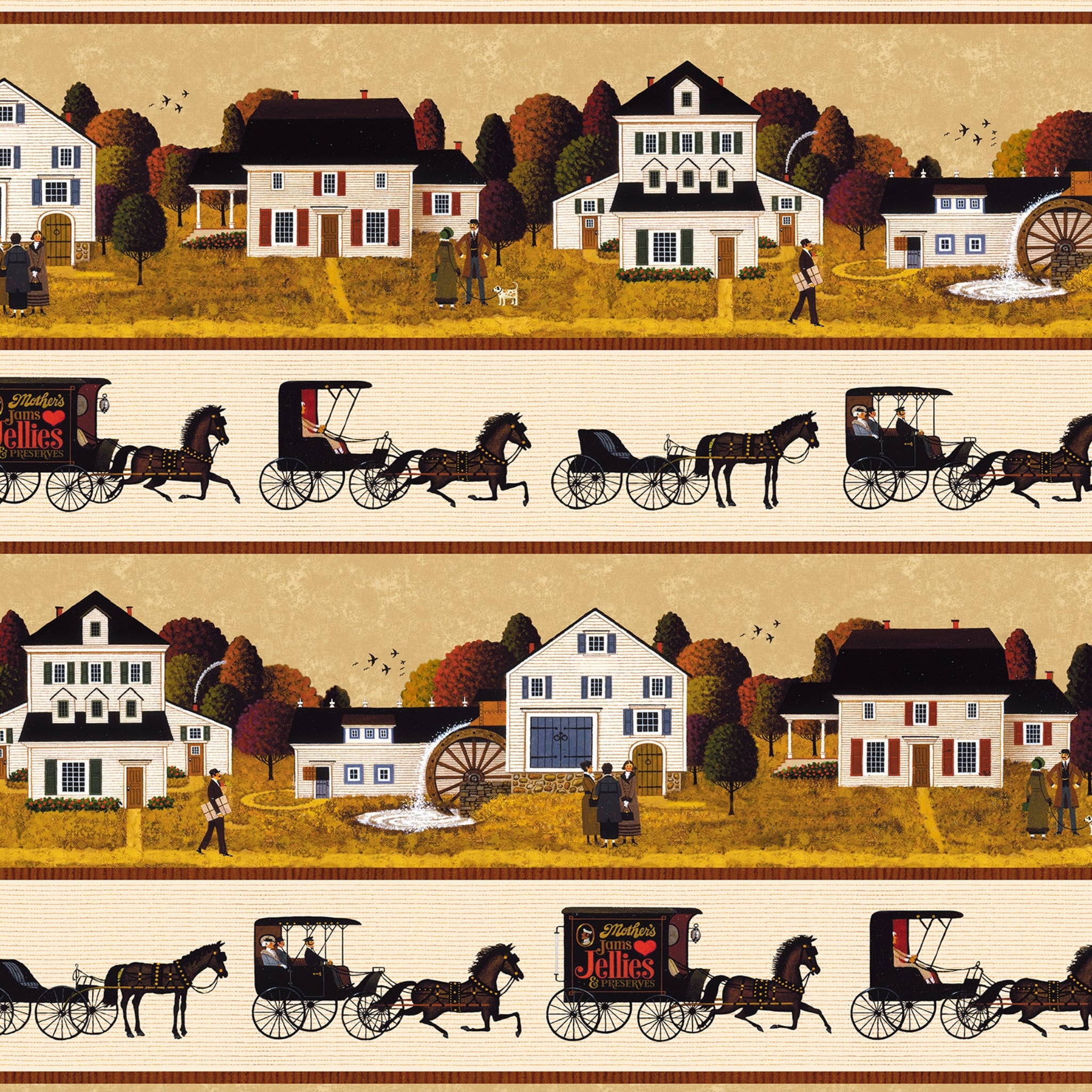 Village scene and horse drawn carriage border stripe cream 1900s Americana novelty digitally printed fabric for quilt borders and table runners