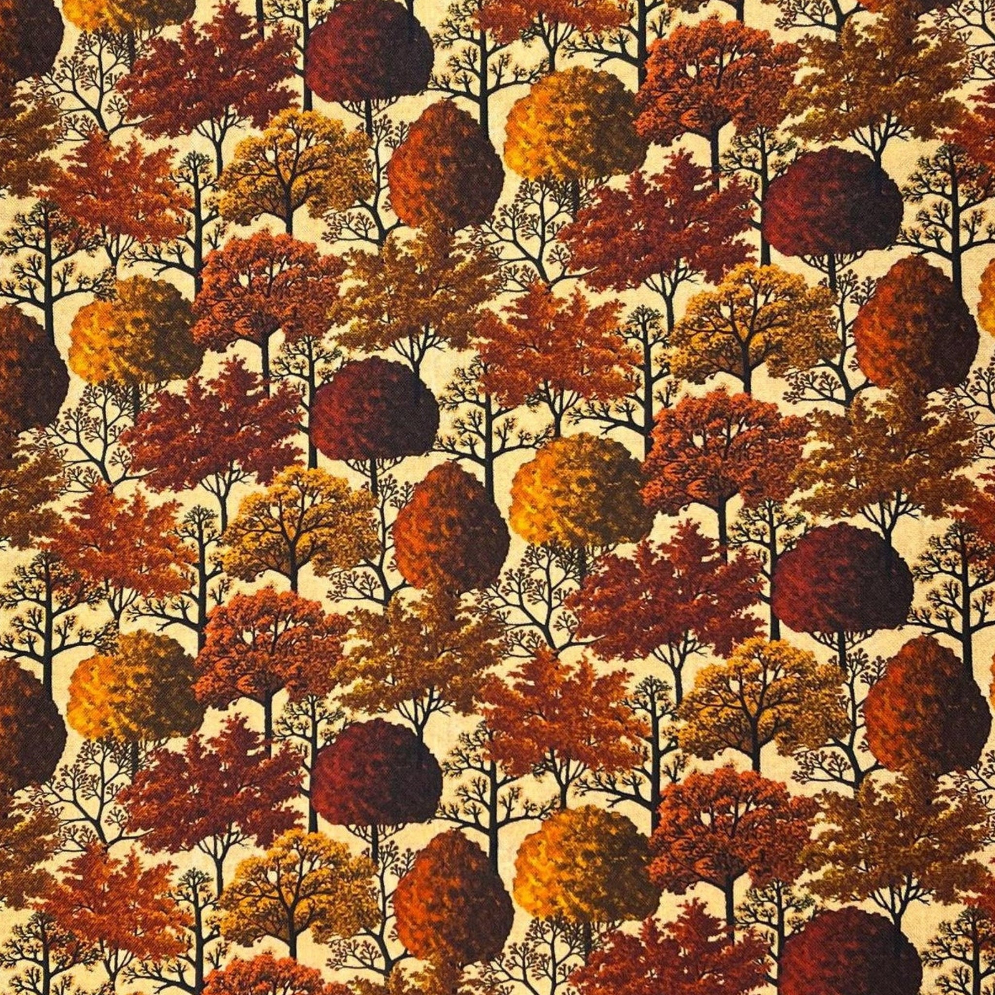 Pattern of autumn trees with multicolored leaves on a beige quilting cotton background