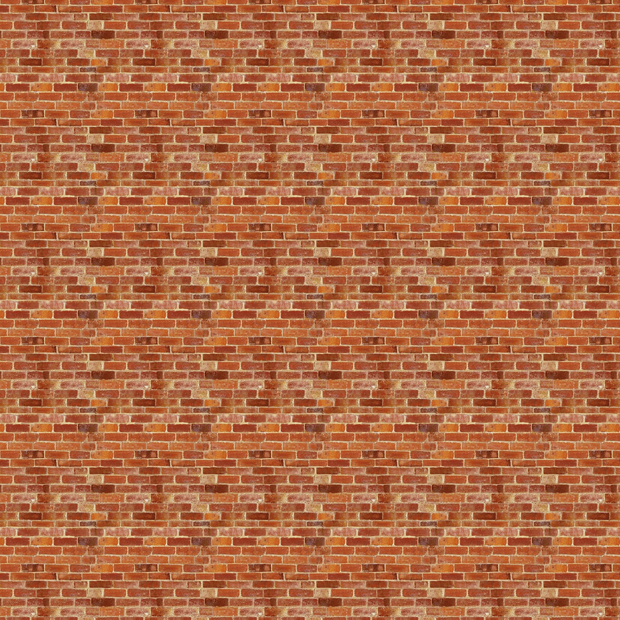 Realistic rust red brick wall fabric in terracotta amber and brown for house blocks town scene quilts and patchwork sewing projects