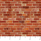 Realistic rust red brick wall fabric in terracotta amber and brown for house blocks town scene quilts and patchwork sewing projects
