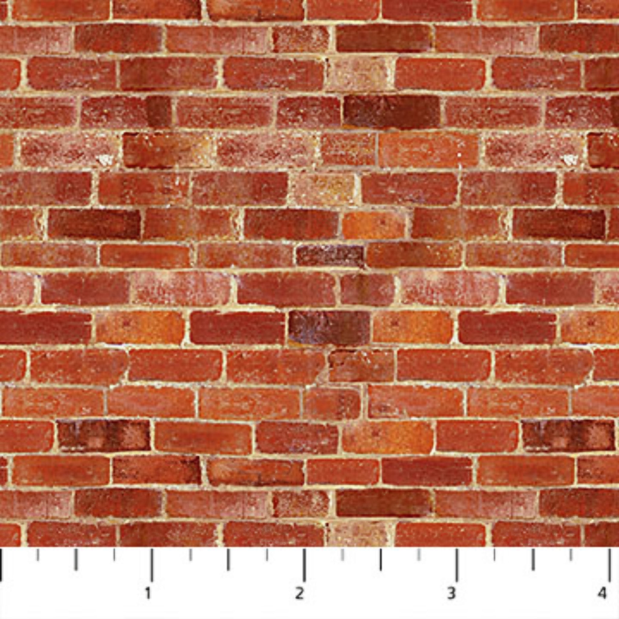Realistic rust red brick wall fabric in terracotta amber and brown for house blocks town scene quilts and patchwork sewing projects