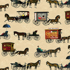 Horse drawn carriages and delivery wagons cream background 1900s Americana novelty fabric for town scene quilts and horse lover gifts