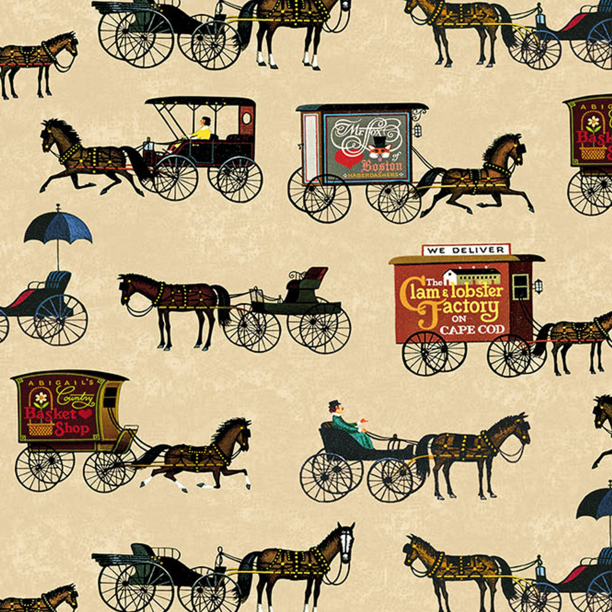 Horse drawn carriages and delivery wagons cream background 1900s Americana novelty fabric for town scene quilts and horse lover gifts