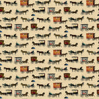Horse drawn carriages and delivery wagons cream background 1900s Americana novelty fabric for town scene quilts and horse lover gifts