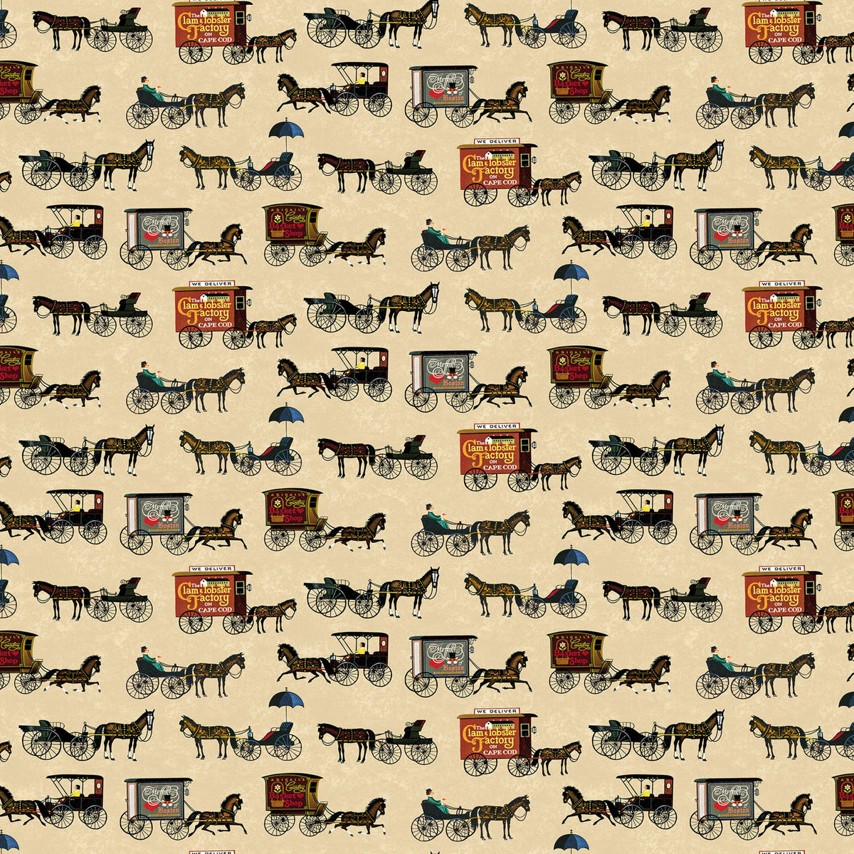 Horse drawn carriages and delivery wagons cream background 1900s Americana novelty fabric for town scene quilts and horse lover gifts