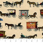 Horse drawn carriages and delivery wagons cream background 1900s Americana novelty fabric for town scene quilts and horse lover gifts