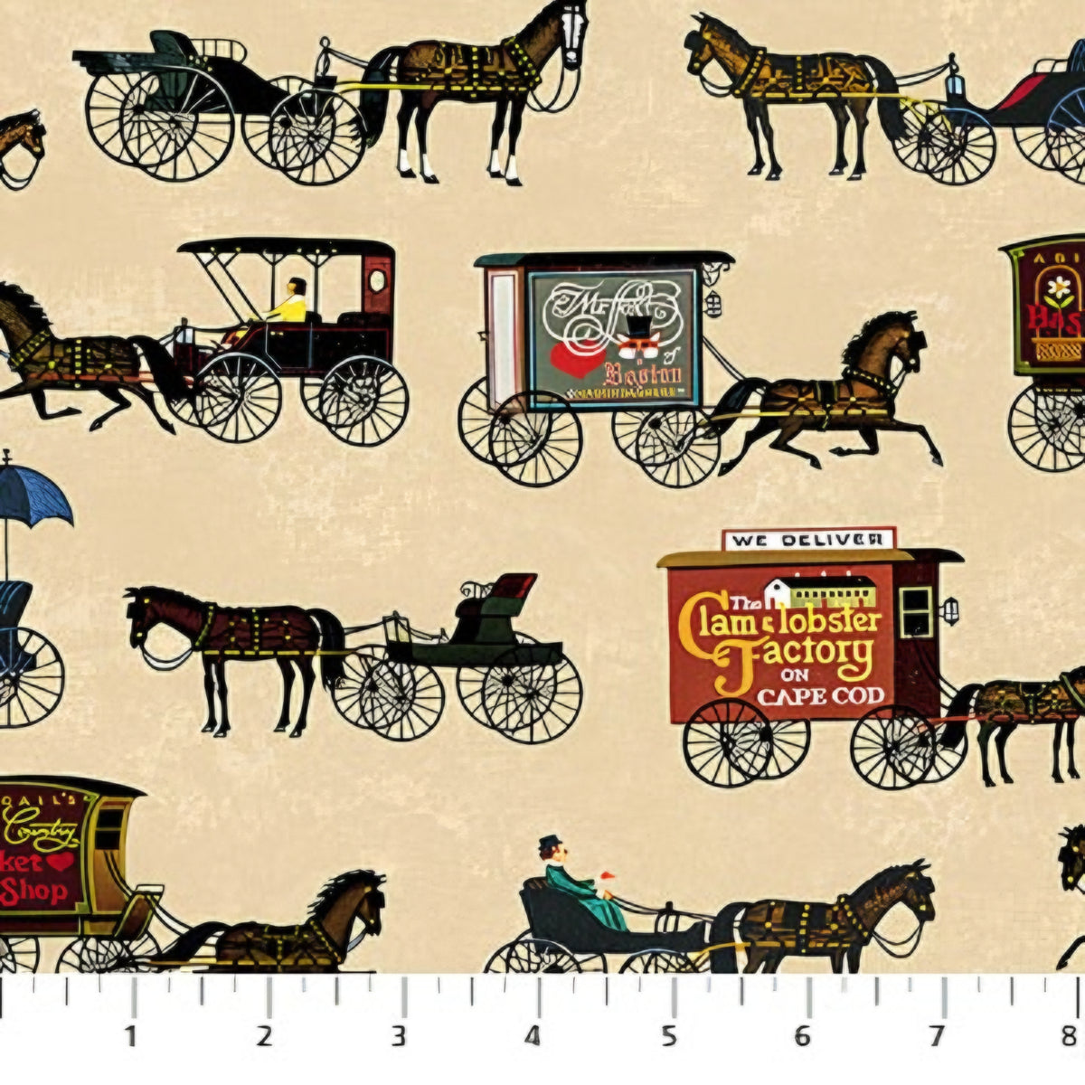 Horse drawn carriages and delivery wagons cream background 1900s Americana novelty fabric for town scene quilts and horse lover gifts