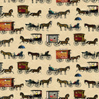 Horse drawn carriages and delivery wagons cream background 1900s Americana novelty fabric for town scene quilts and horse lover gifts