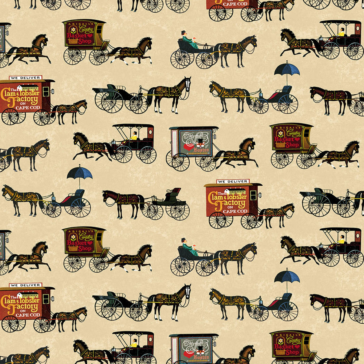 Horse drawn carriages and delivery wagons cream background 1900s Americana novelty fabric for town scene quilts and horse lover gifts