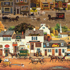 1900s New England village scene panel with horse drawn carriages autumn foliage watermill and shopfronts for wall hangings and quilt centres
