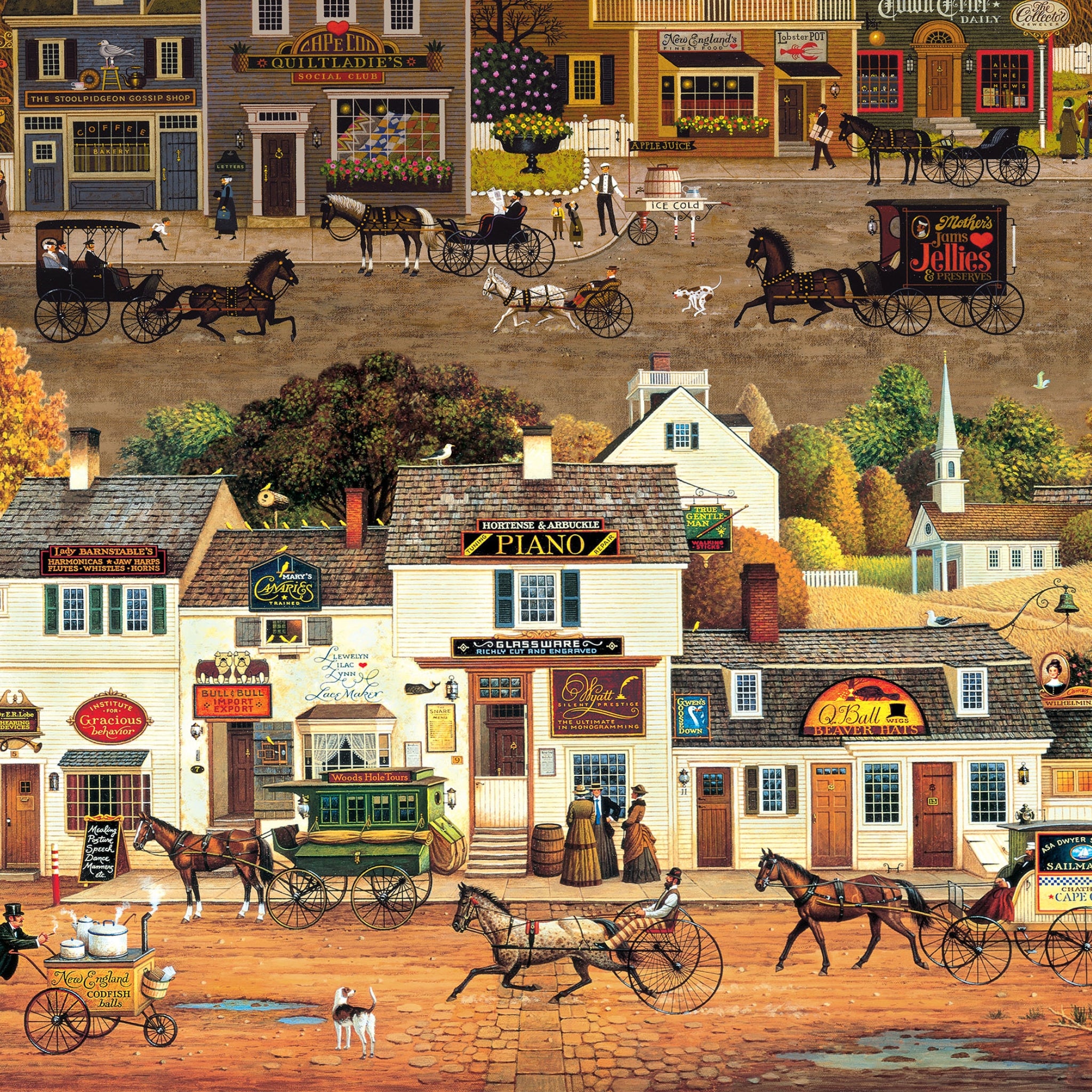 1900s New England village scene panel with horse drawn carriages autumn foliage watermill and shopfronts for wall hangings and quilt centres