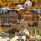 1900s New England village scene panel with horse drawn carriages autumn foliage watermill and shopfronts for wall hangings and quilt centres