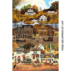 1900s New England village scene panel with horse drawn carriages autumn foliage watermill and shopfronts for wall hangings and quilt centres