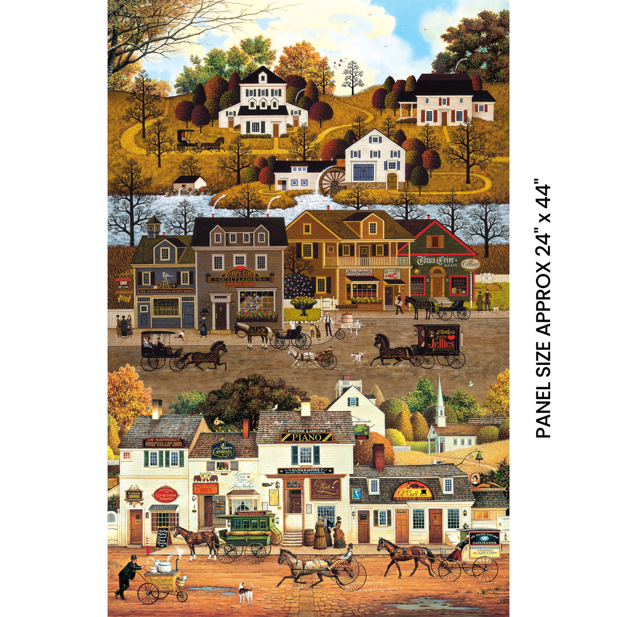 1900s New England village scene panel with horse drawn carriages autumn foliage watermill and shopfronts for wall hangings and quilt centres