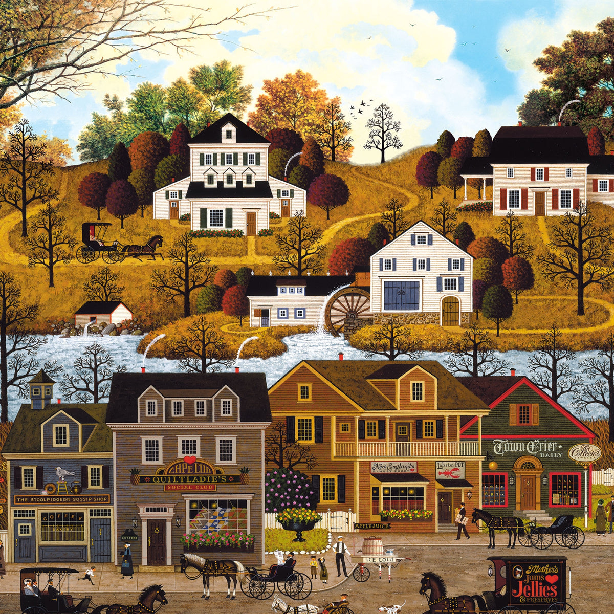 1900s New England village scene panel with horse drawn carriages autumn foliage watermill and shopfronts for wall hangings and quilt centres