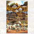 1900s New England village scene panel with horse drawn carriages autumn foliage watermill and shopfronts for wall hangings and quilt centres