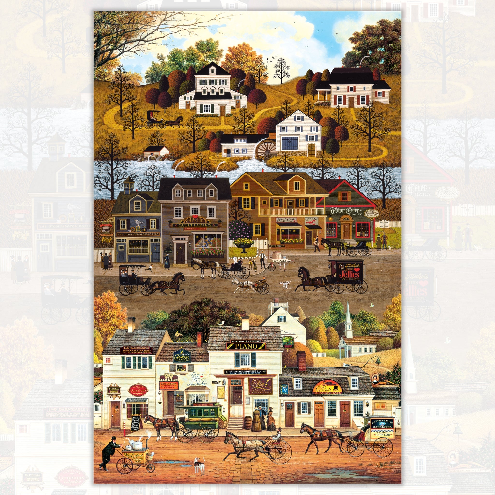 1900s New England village scene panel with horse drawn carriages autumn foliage watermill and shopfronts for wall hangings and quilt centres
