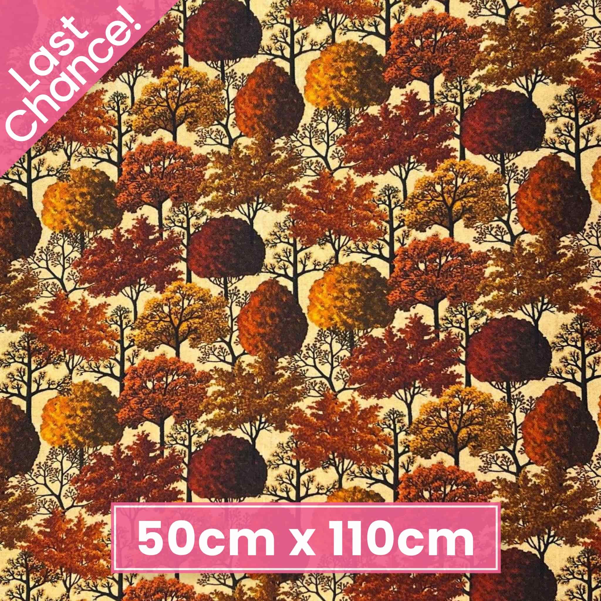 Pattern of autumn trees with multicolored leaves on a beige quilting cotton background