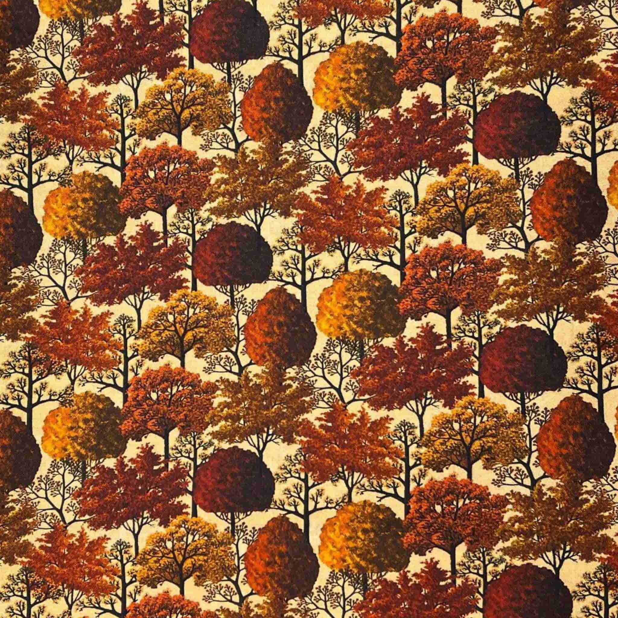 Pattern of autumn trees with multicolored leaves on a beige quilting cotton background