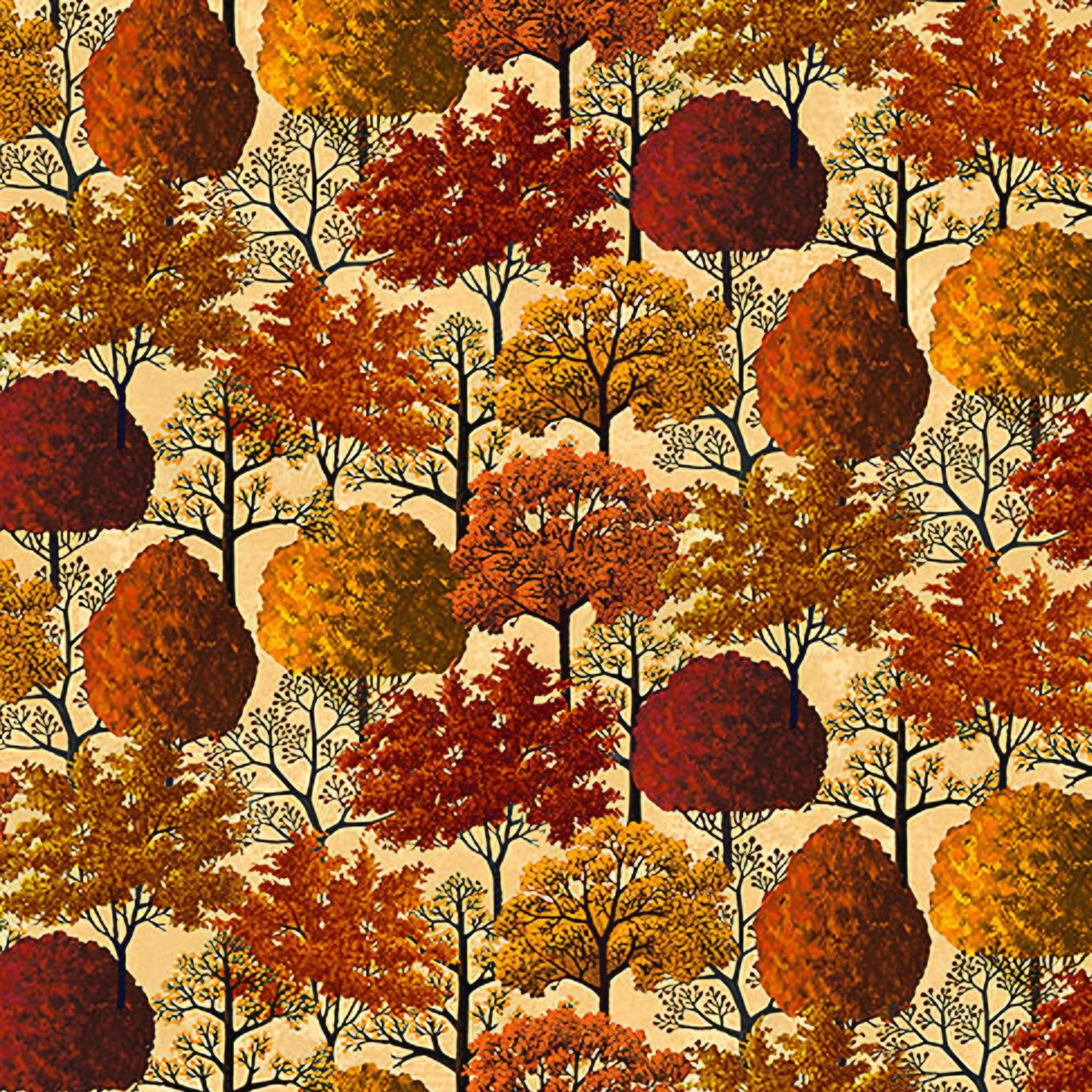 Autumn trees rust orange gold burgundy cream fabric for autumn harvest quilts and patchwork sewing projects